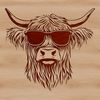 Stylish Farm Animal Illustration A Highland cow standing in a field, wearing sunglasses on its head.