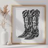 A pair of rugged cowboy boots with intricate stitching and design elements.