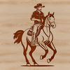 A digital illustration of a rugged cowboy riding a horse, suitable for use in vector graphics and design projects.