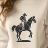 A simple line drawing illustration of a cowboy riding a horse.