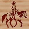 A vector illustration of a cowboy standing on horseback in the American West.