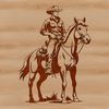 A rugged cowboy riding a horse through an open plain.