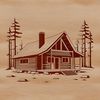 A simple cabin design made from interlocking wooden planks with a sloping roof and door.
