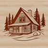 Rustic Wooden Cabin SVG Design A stylized illustration of a rustic wooden cabin in a natural setting.