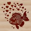 A colorful illustration of a crappie fish with heart symbols surrounding its body.