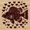 Colorful Fish Illustration with Heart Emblems A colorful illustration of a Crappie fish with red love hearts surrounding its body.
