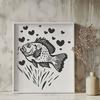 An illustration of a Crappie fish with love hearts surrounding it.