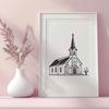 A simple, illustrated design of a church building with a tall steeple and ornate details.