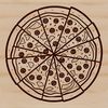 A stylized vector graphic representation of a round-cut pizza with melted cheese and savory ingredients.