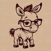 A donkey standing with glasses on its head.