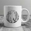 An illustrated forest scene with various types of trees and foliage.