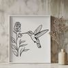 Floral Bird Perch Vector Graphic A vector graphic design featuring a realistic hummingbird perched on a branch amidst blooming flowers.