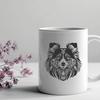 A portrait of a Shetland sheepdog's head, rendered in detailed vector art with ornate features.
