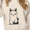 Peek-a-Boo Alpaca Design An illustration of a curious alpaca peeking out from behind a tree.