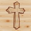A simple white wooden cross with intricate details on the arms and base.