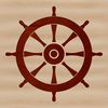 A simple nautical-themed illustration of a ships wheel with a cruise ship in the background.