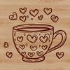 A simple design featuring a heart-patterned coffee cup with love hearts surrounding the rim.