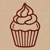 A simple line drawing of a single serving cupcake with frosting and sprinkles.