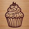 A stylized illustration of a cupcake, featuring layered cake and creamy frosting.