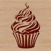 A stylized illustration of a single serving cupcake with frosting and sprinkles.