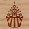 A detailed illustration of an ornate cupcake with frosting and sprinkles.
