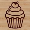 Simple line drawing illustration of a single serving cupcake with frosting and sprinkles.