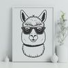 An alpaca standing on a rocky outcropping, wearing trendy sunglasses.