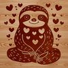 An adorable cartoon sloth with love hearts surrounding its body, created as vector art.