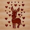 An illustration of a standing donkey with heart symbols surrounding its body.