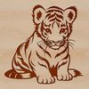 A stylized illustration of a sitting tiger, depicted as a wild animal native to Asia.
