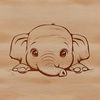 A close-up illustration of a curious elephant's head peeking out from behind foliage.
