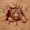 A close-up illustration of a tiger's head, with the animal peeking out from behind something, conveying its wild nature.