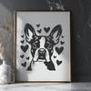 Cute Dog Vector Illustration with Heart Surrounding Head Vector illustration of a cute Boston Terrier's head with love hearts surrounding it.