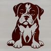 A sitting bulldog with a compact body and wrinkled skin.
