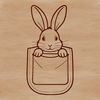 A close-up view of a rabbit's head peeking out from behind a pocket.