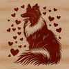 A Shetland sheepdog sitting on its hind legs, surrounded by love hearts.