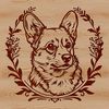 Stylized Floral Corgi Portrait A portrait of a Welsh Corgi's head, featuring a stylized floral pattern surrounding the dog's features.