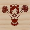 A young girl in a cheerleading uniform, posing confidently with pom-poms.