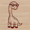 A cartoon illustration of a baby Brachiosaurus wearing glasses, depicted in a whimsical style.