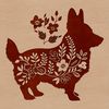 A standing Welsh Corgi breed dog with ornate floral patterns on its coat.