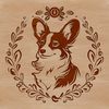 A portrait of a Welsh Corgi breed dog's head.