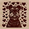 A close-up illustration of a happy miniature schnauzer dog's head, featuring love hearts on its fur.