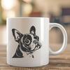 A black and white illustration of a Boston Terrier's head, suitable for vector graphics design.