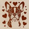 A vector graphic design featuring a cute Boston Terrier's face adorned with heart shapes.