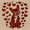A stylized illustration of a seated Boston Terrier with love hearts incorporated into its design.