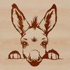 A cartoon donkey's head peeking out from behind a decorative frame.