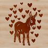 An illustrated donkey standing on four legs with love hearts surrounding its body.