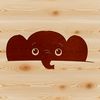 A stylized illustration of a young elephant's head peeking out from behind foliage.