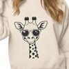 A giraffe wearing sunglasses in a savannah landscape.