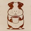 A cartoon illustration of a happy guinea pig sitting next to a coffee cup.